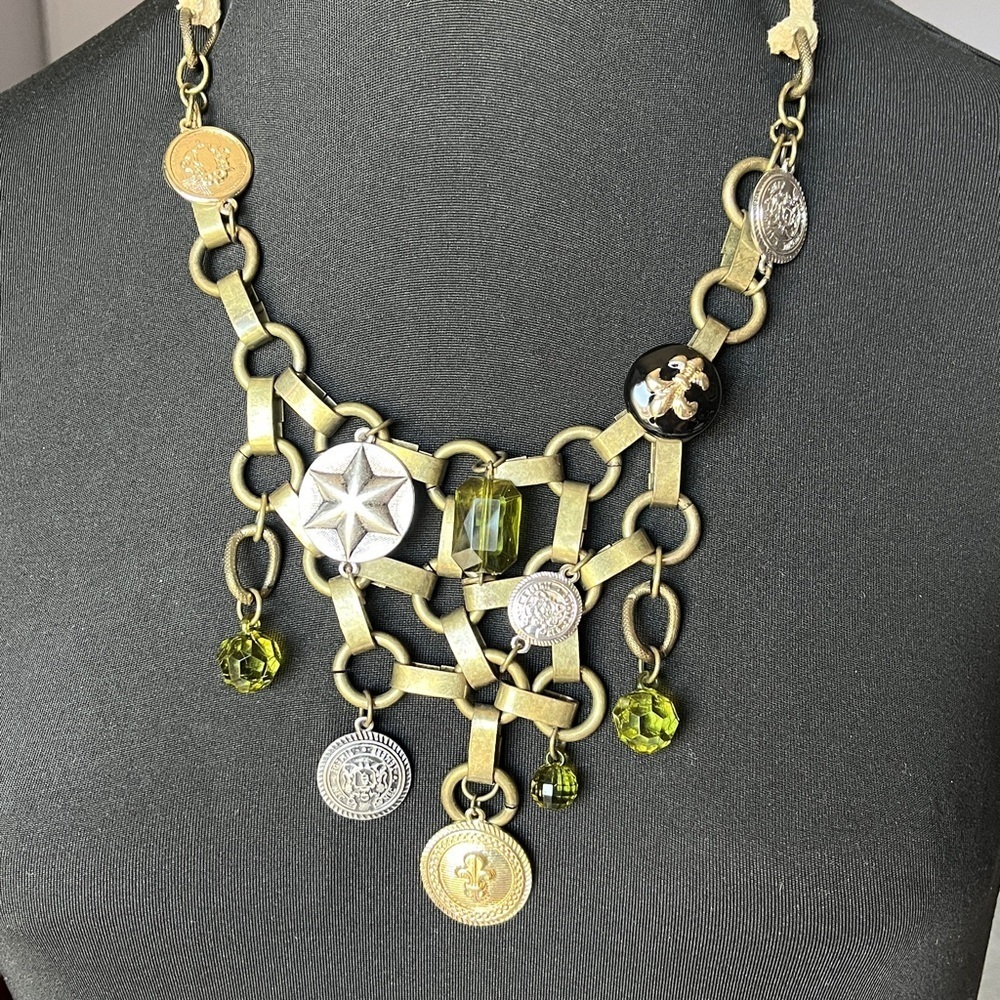 Vintage Unique  Brass Copper Coin Button fleur de lis Charm  Necklace